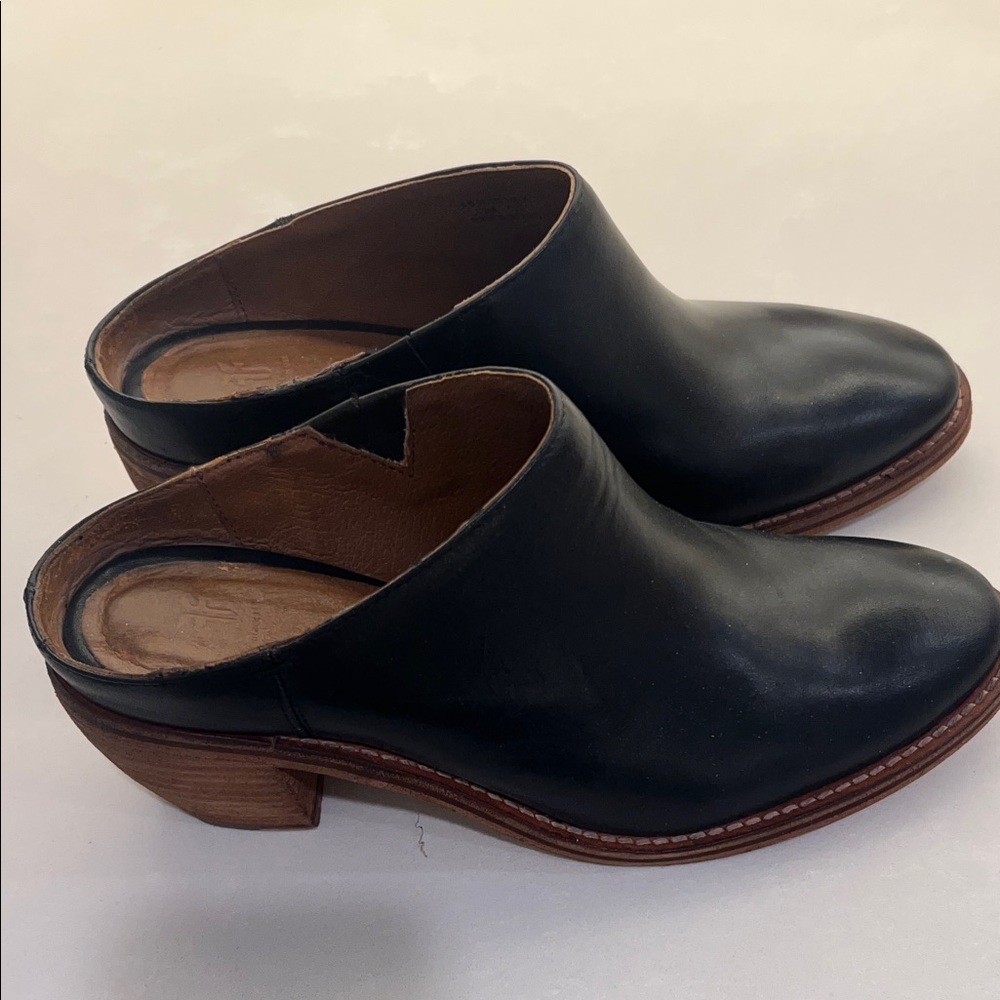 Frye Black Leather Mules with Brown Heel